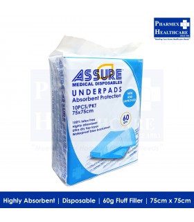 ASSURE disposable underpads with 60g fluff filler (75cm x 75 cm)